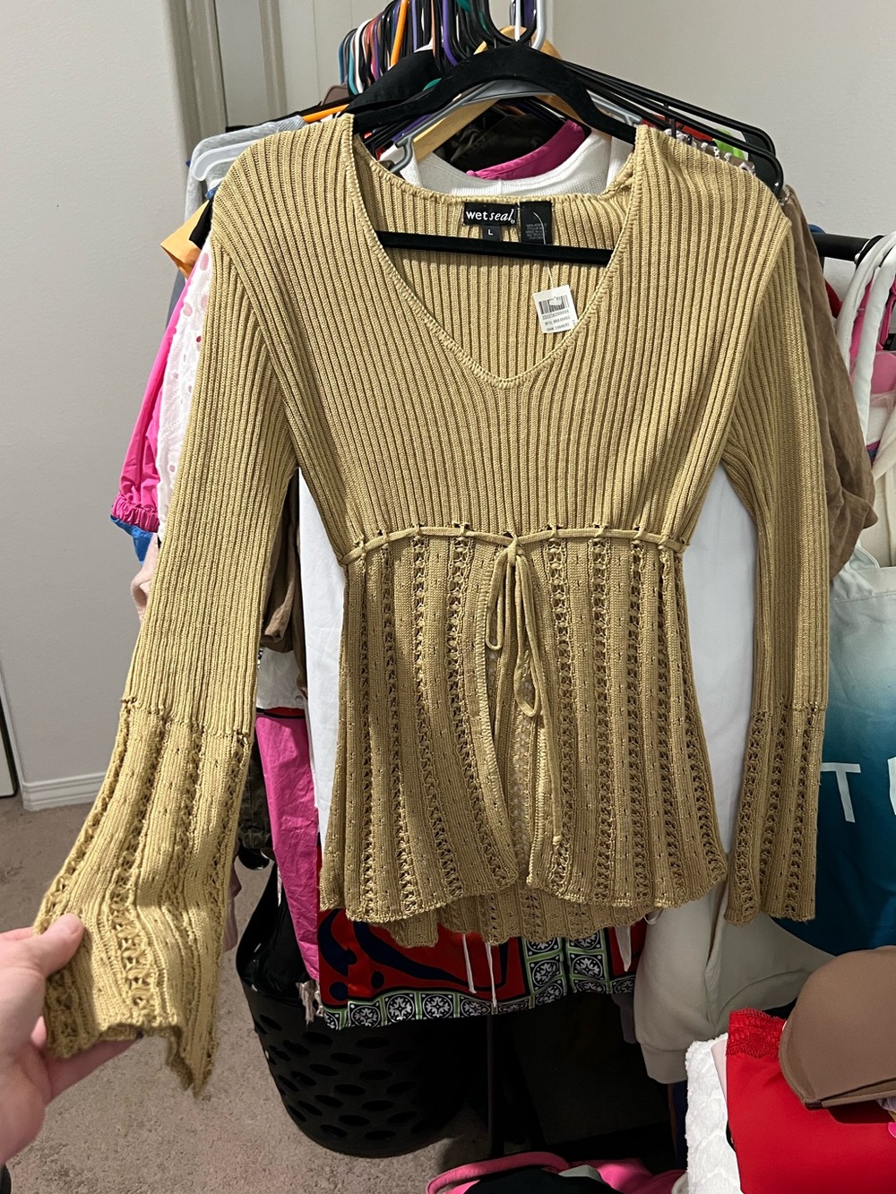 Wet Seal Ribbed V-Neck Tie-Waist Knit Top - Mustard/Tan